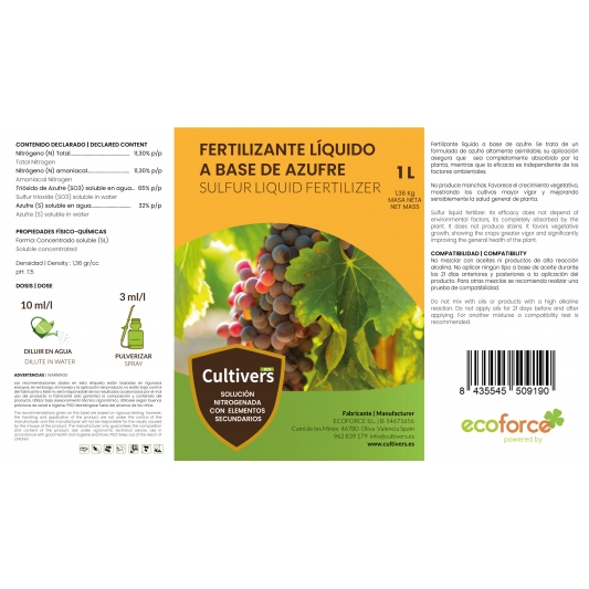 Cultivers Ecoforce Fertilizante Líquido a Base de Azufre 1-5L (Azufre Sistémico)