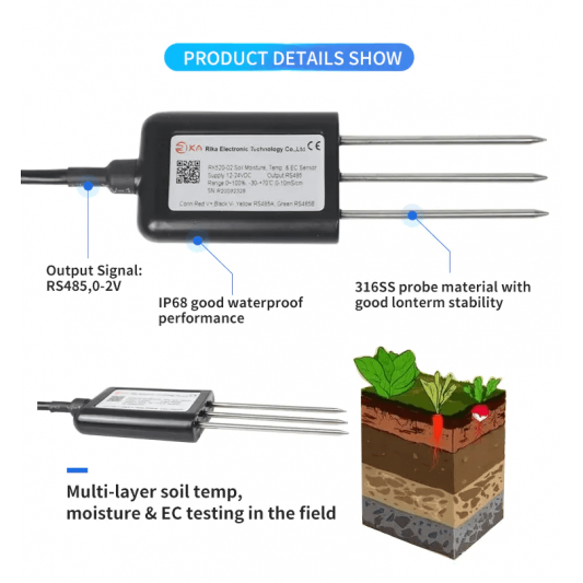 RIKA RK520-02 Sensor de humedad, temperatura y CE del suelo