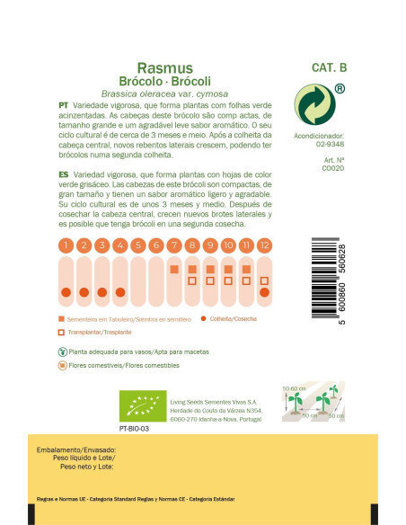 Sementes Vivas Rasmus Broccoli 1G Sementes Vivas Rasmus Broccoli 1G