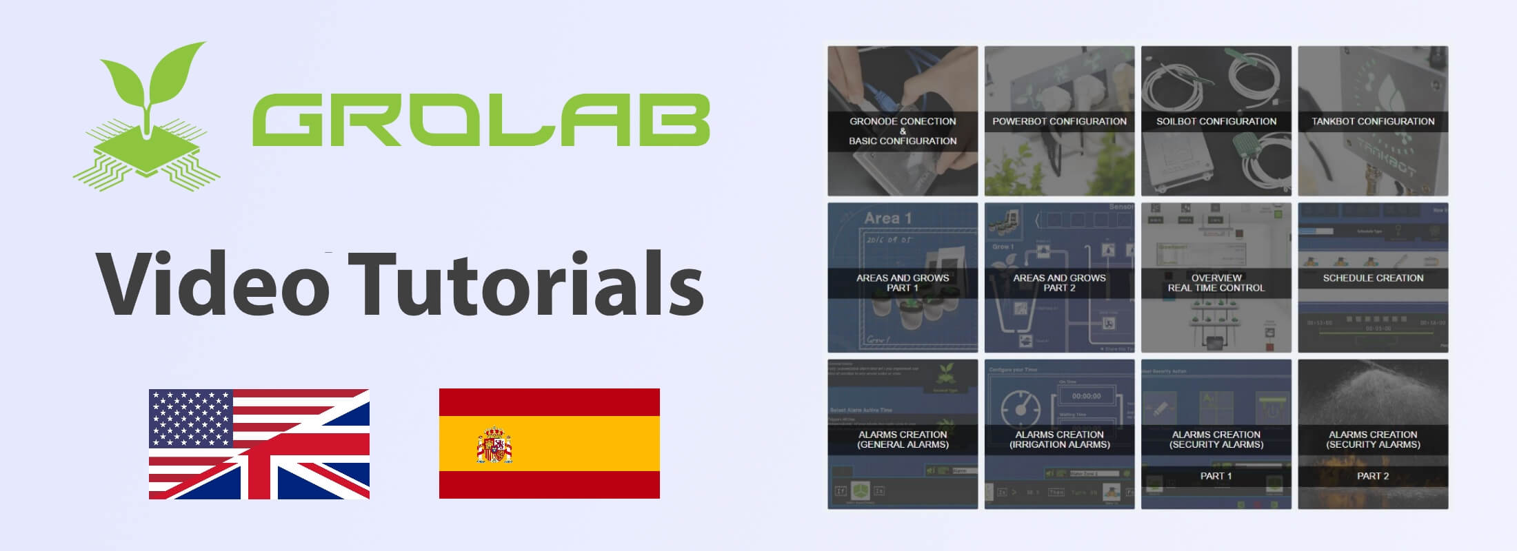 GroLab™ video tutorials available banner - GroLab™ logo on the left, under the logo the text "Video Tutorials" and 2 flags representing Spanish and English languages, on the right side there are the video tutorials thumbnails