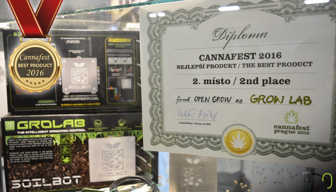 Open Grow™ stand at Cannafest Prague 2016, showing the 2nd place diploma prize that our main product, GroLab™, received at Cannafest 2016 best product contest