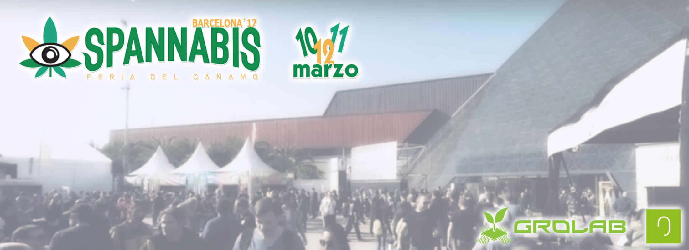 Spannabis Barcelona 2017 outside view, with Spannabis logo on top-left corner, Open Grow™ and GroLab™ logos on bottom-right corner