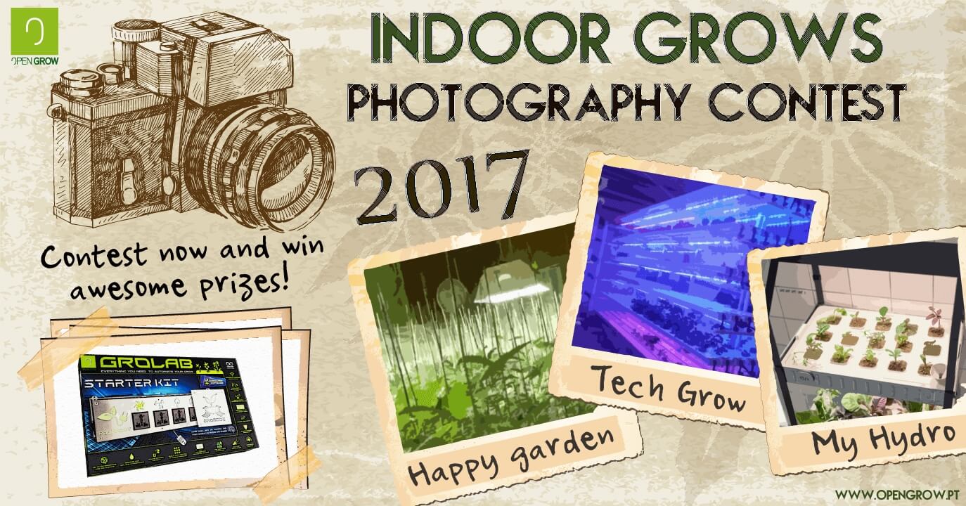 Open Grow™ 2017 annual indoor photography contest banner, showing some photo examples and the content prize (GroLab™ Starter Kit)