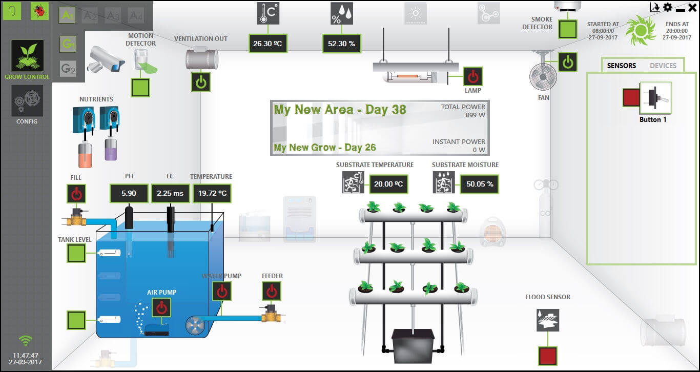 Areas and grows overview section from GroLab™ Software, showing all the devices and sensors information