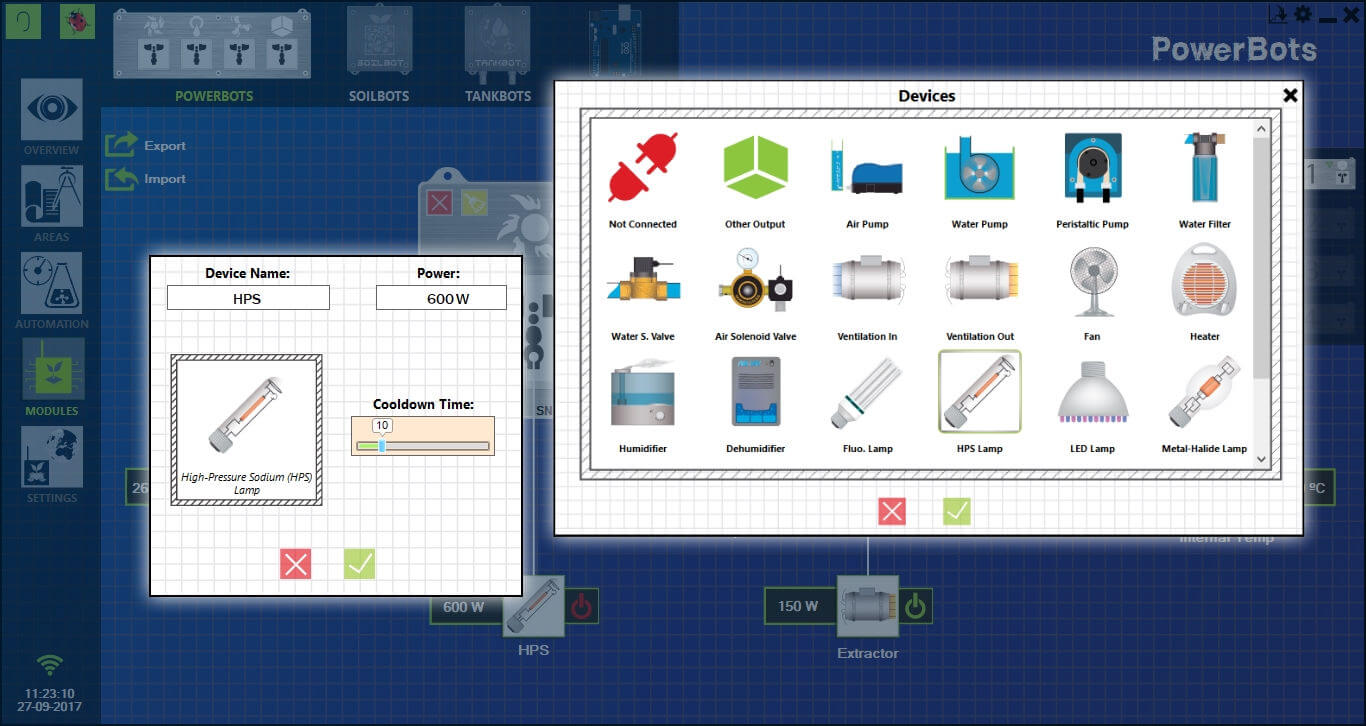 Modules section from GroLab™ Software, showing the configurations windows from one device that is connected to the PowerBot
