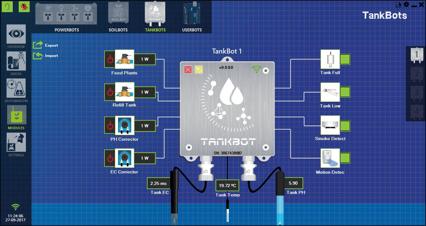 Modules section from GroLab™ Software, showing the TankBot and all the devices/sensors configured on it