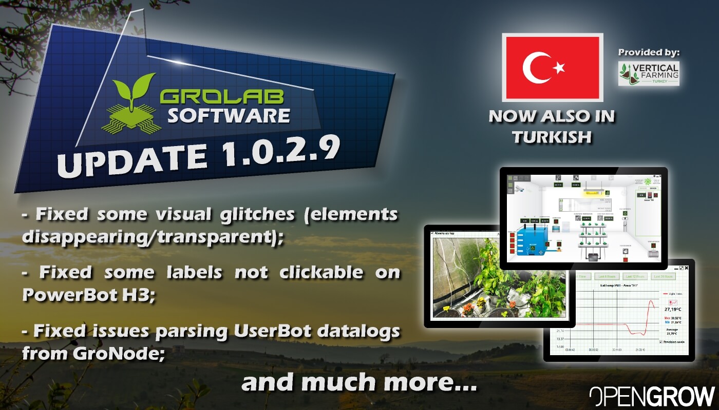 GroLab™ Software v1.0.2.9 update highlights banner - Added the Turkish language; - Fixed some visual glitches; - Fixed some labels not clickable on PowerBot H3; Fixed issues parsing UserBot data logs from GroNode...