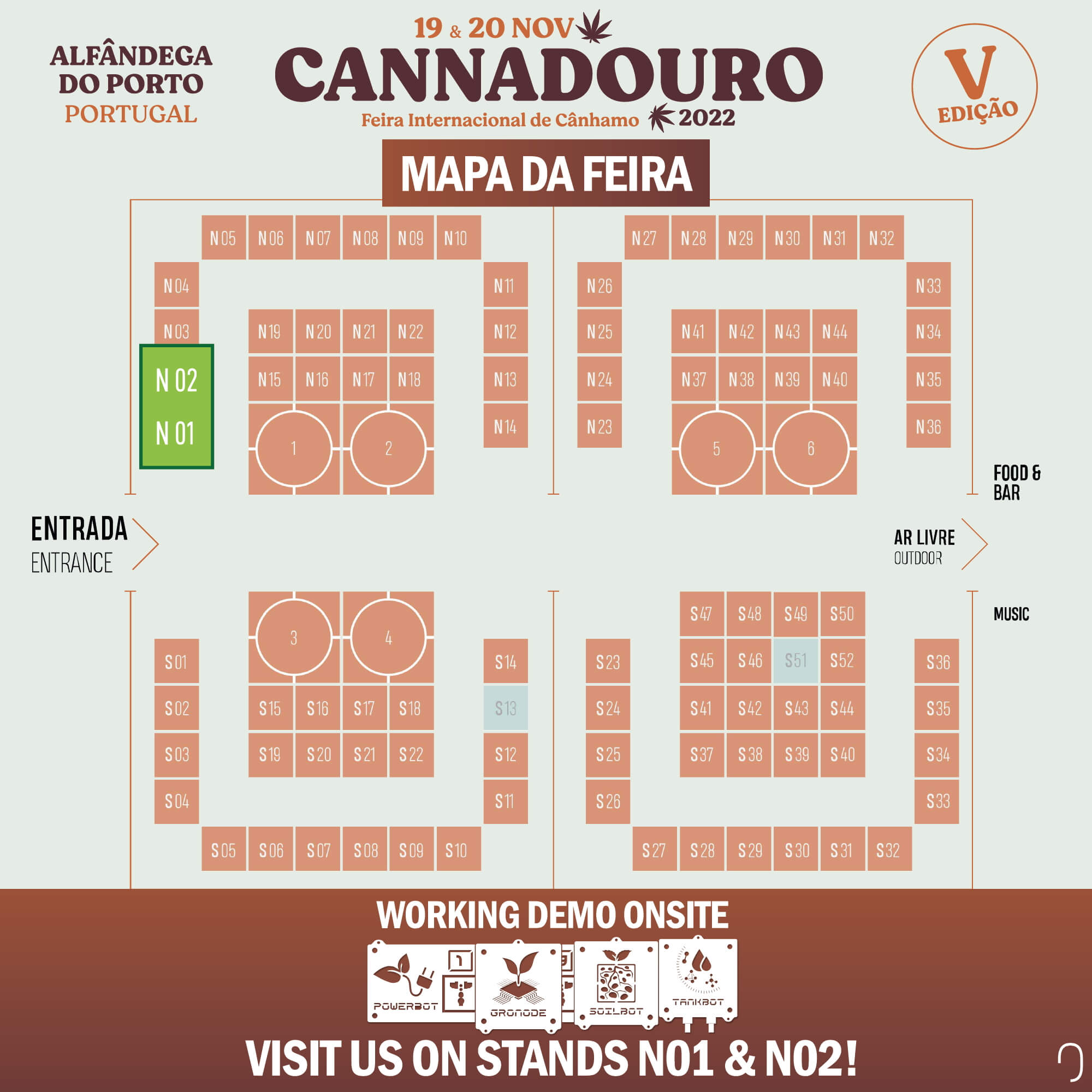 Mapa da Feira - Stands N01 e N02 - A Open Grow™ vai estar presente na Cannadouro 2022, Porto, Portugal - 19 e 20 de novembro