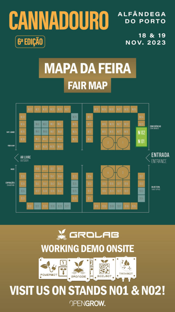 Mapa da Feira - Stands N01 e N02 - Open Grow™ - Cannadouro 2023, Porto, Portugal - 18-19 novembro